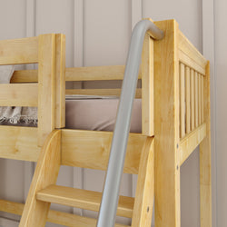 Wooden bunk bed with ladder in modern bedroom setup.