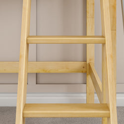 Wooden loft bed ladder close-up with light wood finish against a neutral wall backdrop.