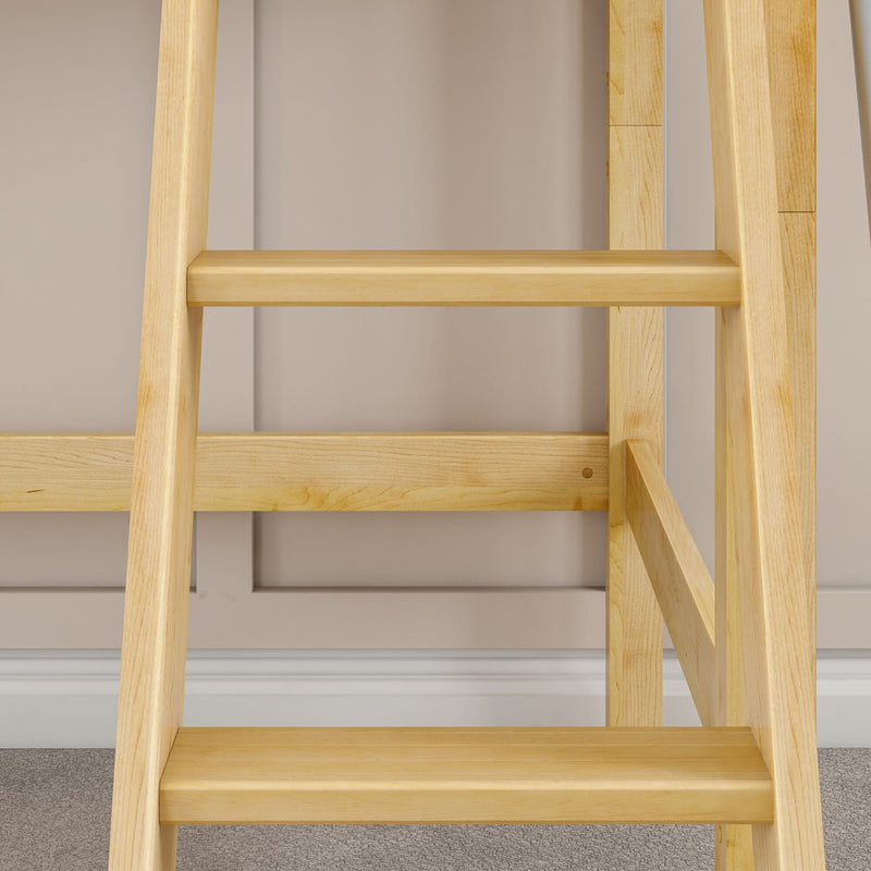 Light natural wood leaning ladder with horizontal rungs against a beige paneled wall on a carpeted floor