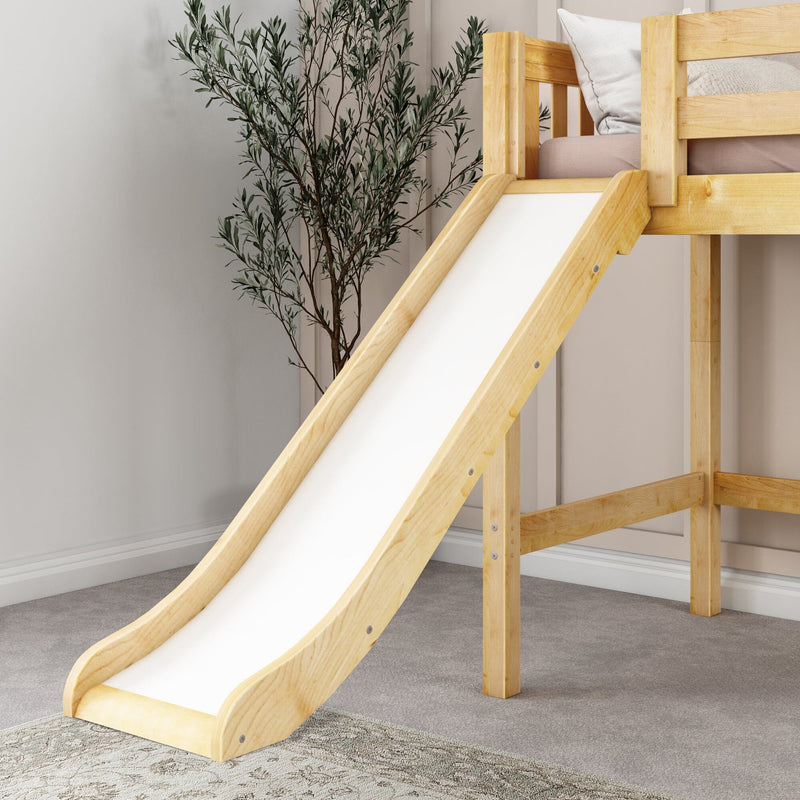 Modern solid wood kids loft bed with built-in white slide in a neutral minimalist bedroom beside a tall potted plant