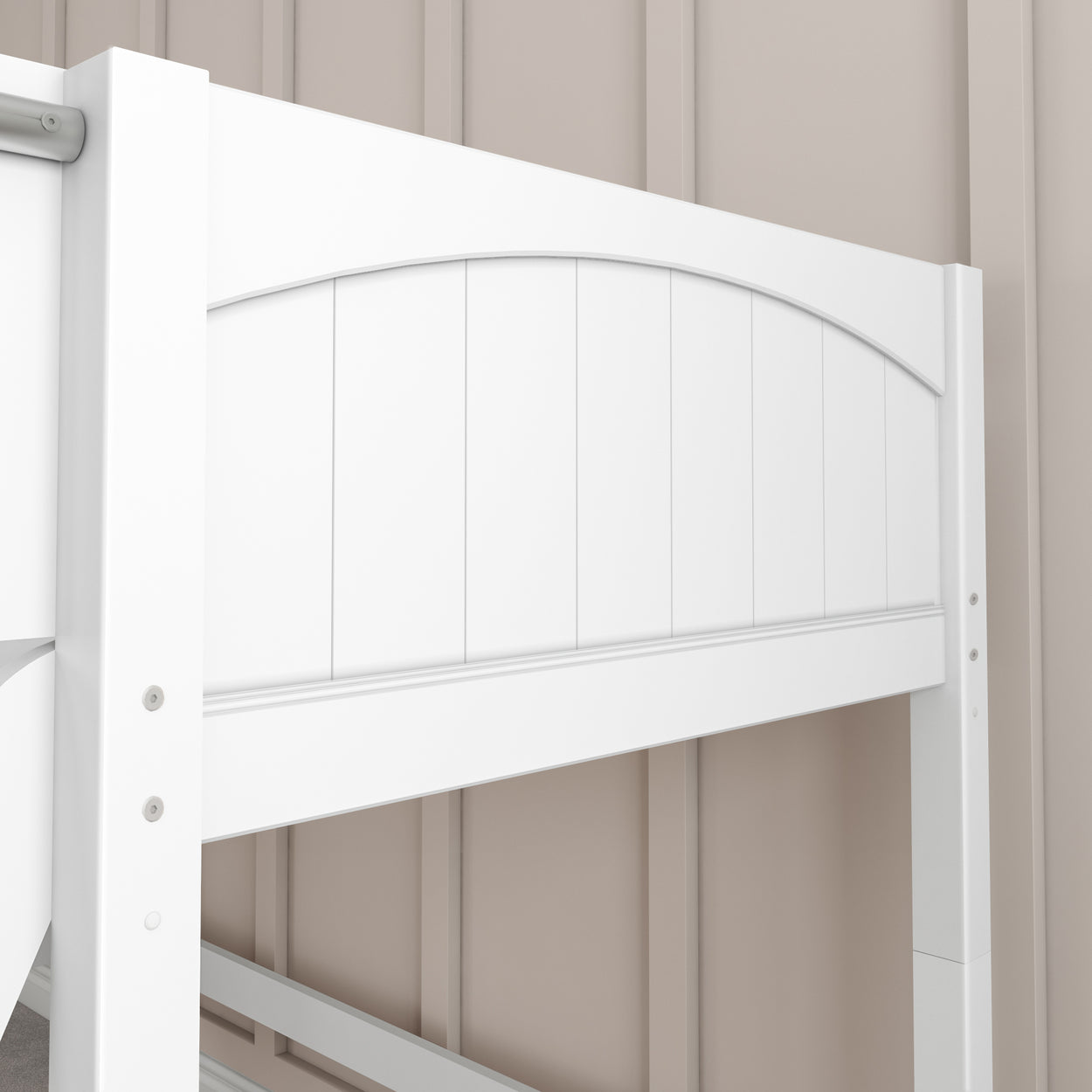 White wooden bed frame with panel design against beige wall.