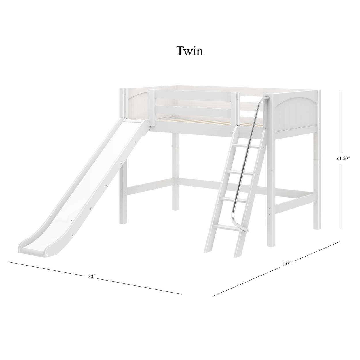 White twin loft bed with slide and ladder, dimensions included for kids' bedroom furniture.