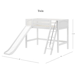 White twin loft bed with slide and ladder, dimensions included for kids' bedroom furniture.