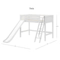 White wooden twin loft bed with slide and ladder – space-saving kids bed with guardrails and metal ladder, approx 61.5 in H x 80 in D x 107 in W