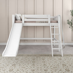White kids' loft bed with slide and ladder in a cozy, modern bedroom setting with light beige walls and patterned rug.