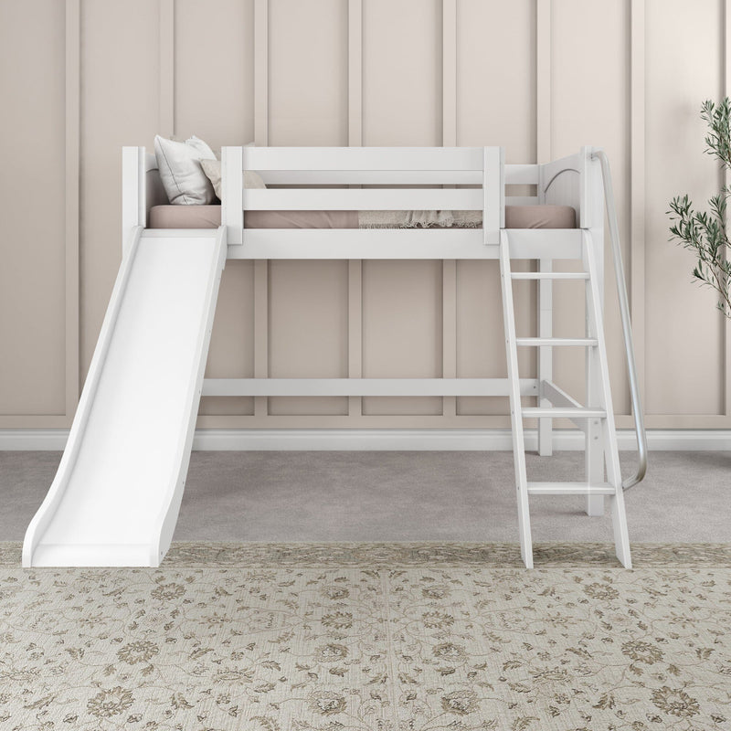 White loft bed with slide and ladder in a modern kids bedroom — neutral beige paneled wall, taupe bedding, decorative pillows, patterned area rug and indoor plant