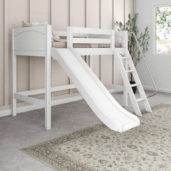 White wooden loft bed with slide and ladder in a bright bedroom.
