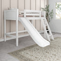 White loft bed with slide and ladder in a neutral modern kids' bedroom, wooden bunk bed with safety rails, pillows and potted plant by window