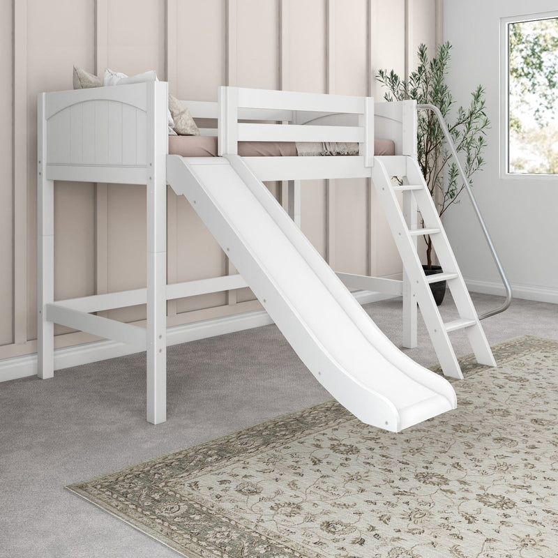 White loft bed with slide and ladder in a neutral modern kids' bedroom, wooden bunk bed with safety rails, pillows and potted plant by window