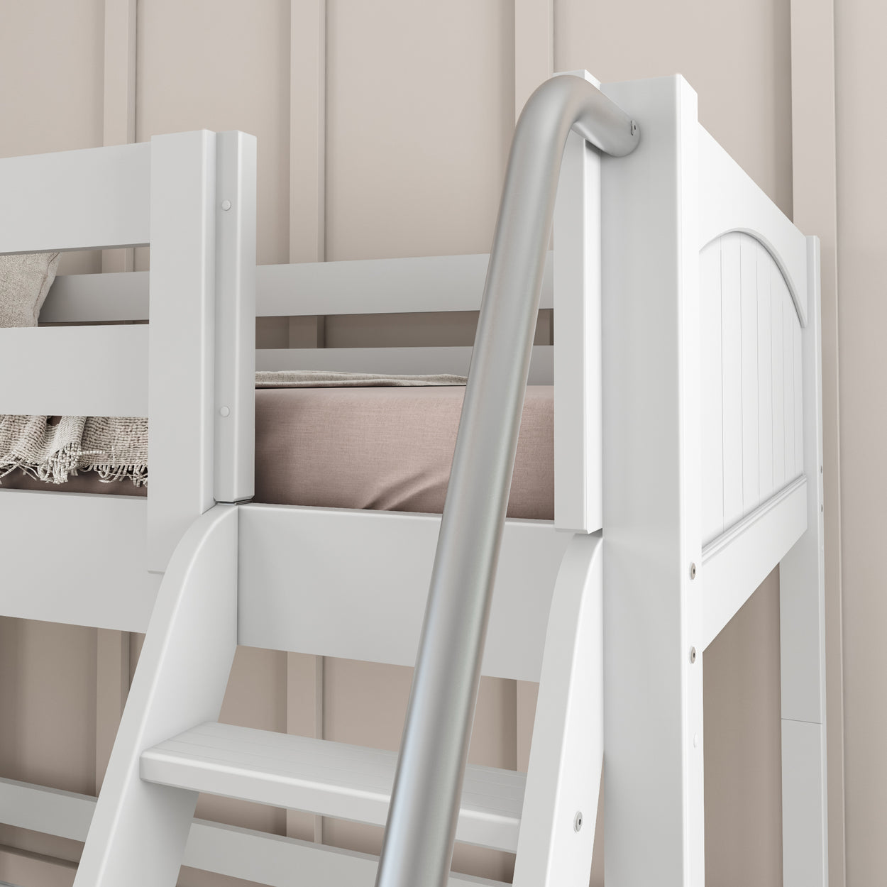 White wooden bunk bed with ladder in a modern bedroom setting.