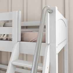 White wooden bunk bed with ladder in a modern bedroom setting.
