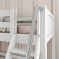 Close-up of white wooden bunk bed ladder and curved metal safety rail on a modern loft bed with beige paneled wall and neutral bedding