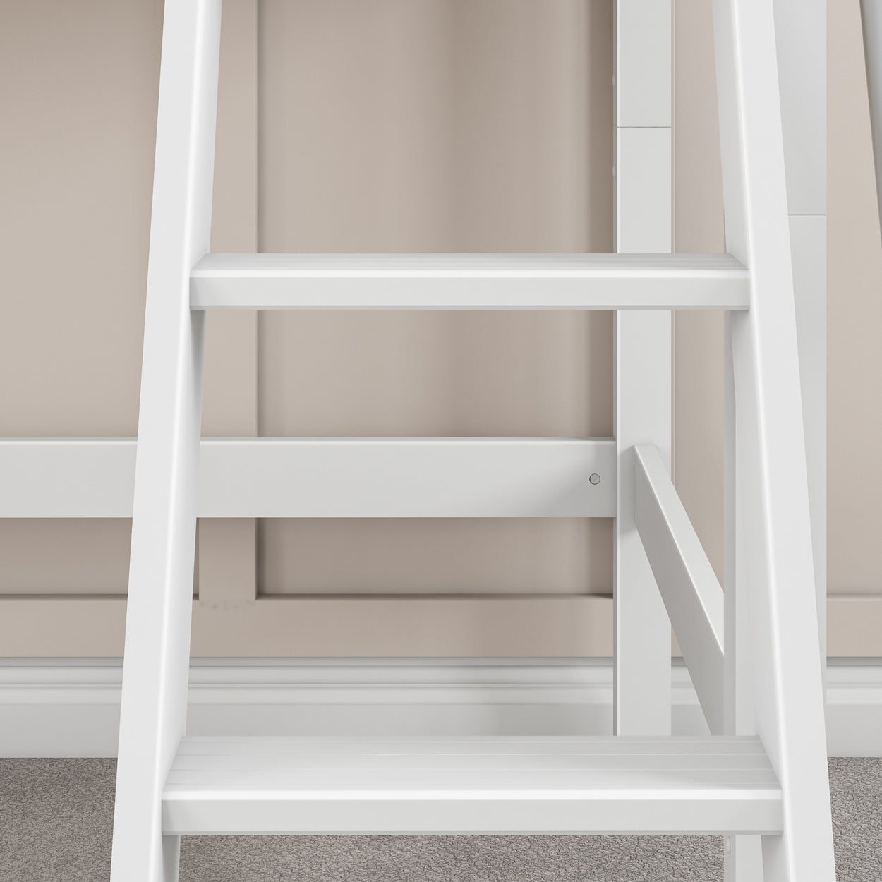 White ladder against beige wall with carpeted floor, modern interior design.
