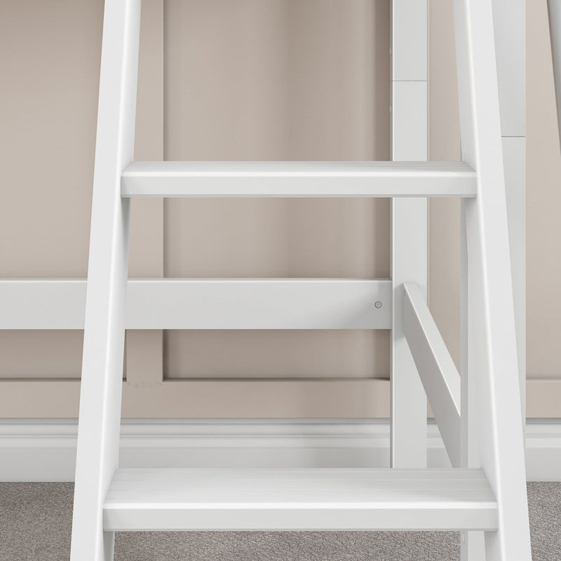 White leaning wooden ladder shelf against beige paneled wall on gray carpet, modern farmhouse home decor