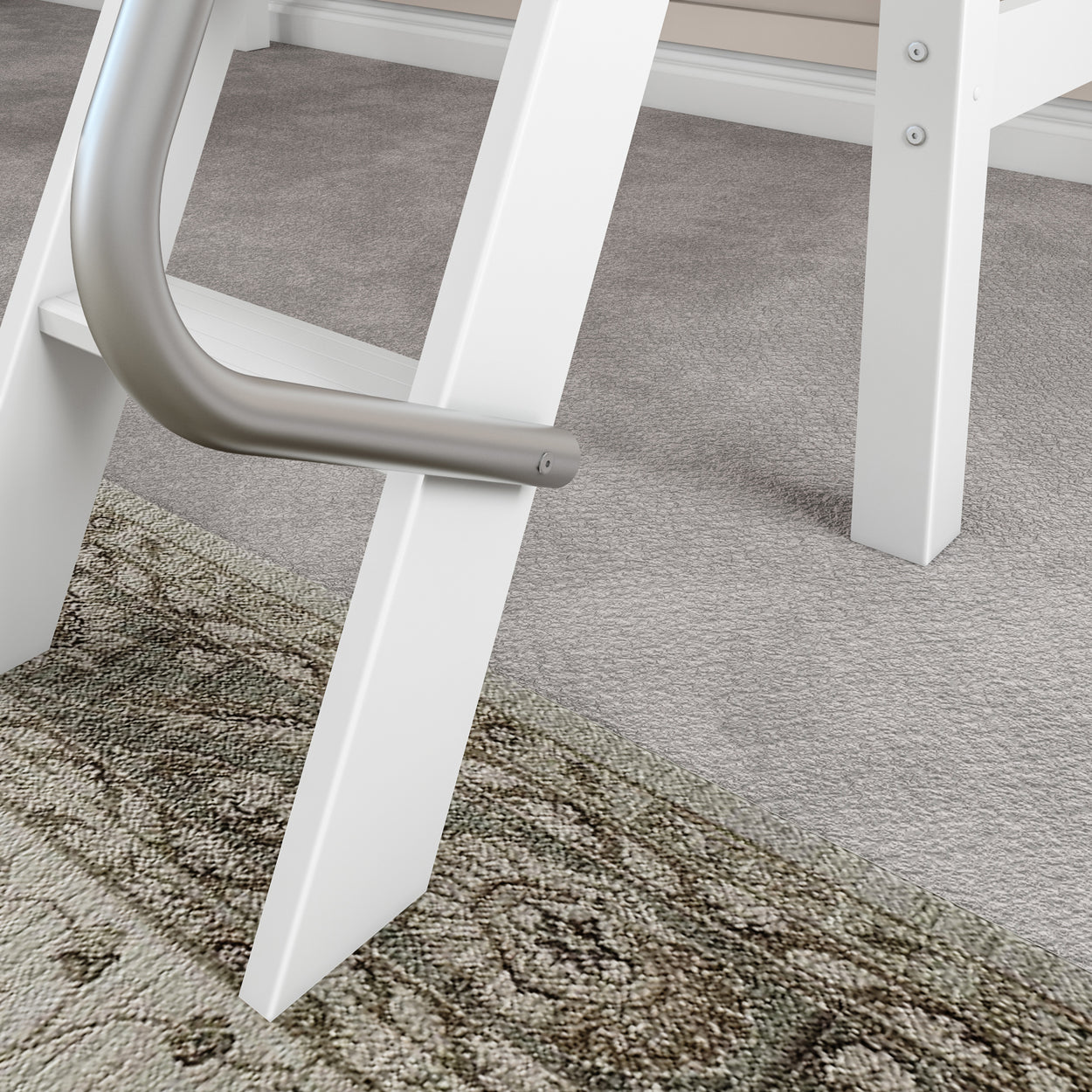 White modern home ladder on carpet with detailed design rug in living room.