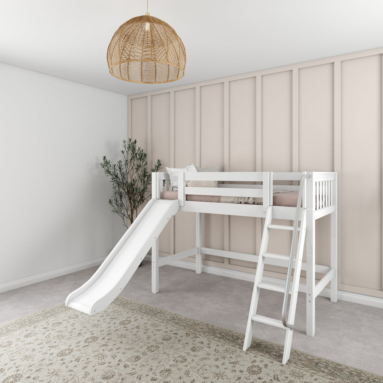 Modern kids' loft bed with slide and ladder in stylish neutral room decor.