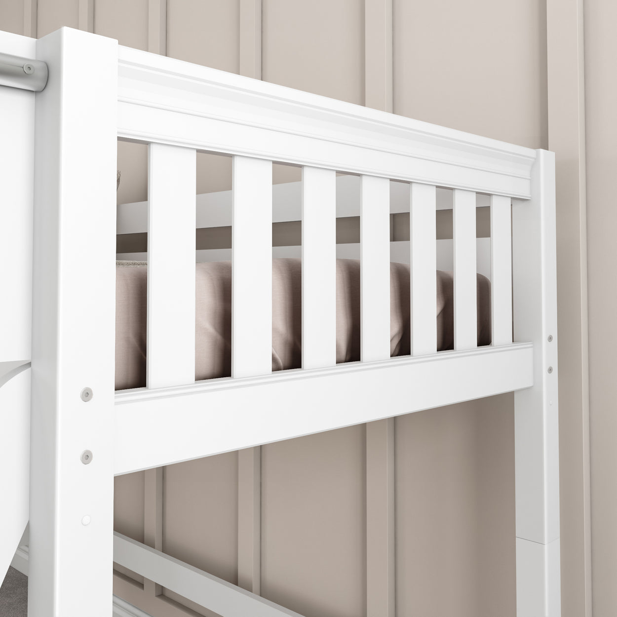 White bunk bed with beige bedding in a modern bedroom.
