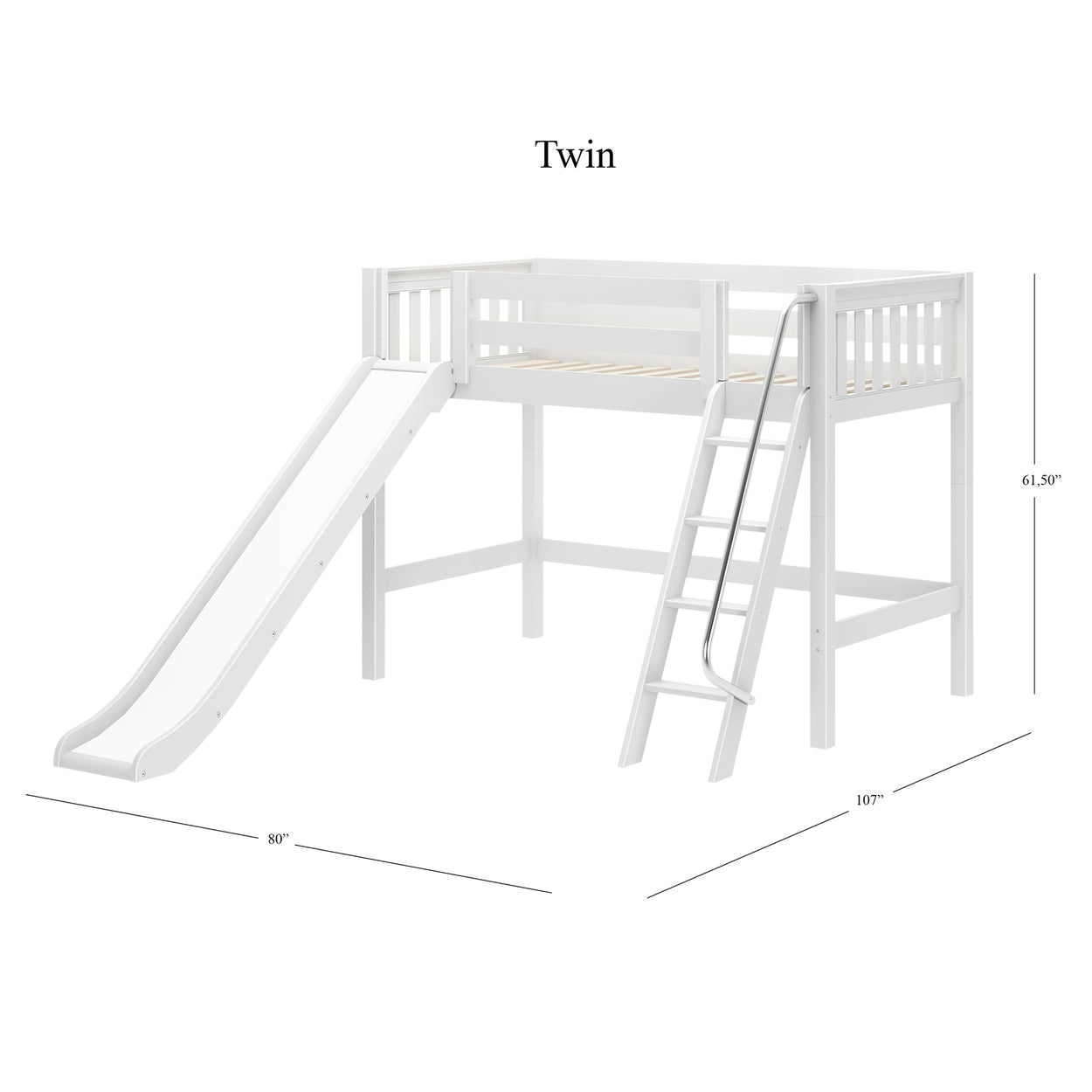 White twin loft bed with slide and ladder, measurements 80 inches wide, 107 inches deep, and 61.5 inches tall.