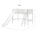 White twin loft bed with slide and ladder — white wooden kids' loft bed with guardrails, twin mattress size, play loft dimensions 107 x 80 x 61.5 inches