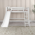 White wooden loft bed with slide and ladder in a minimalist beige kids' bedroom with neutral rug, throw pillows and potted plant