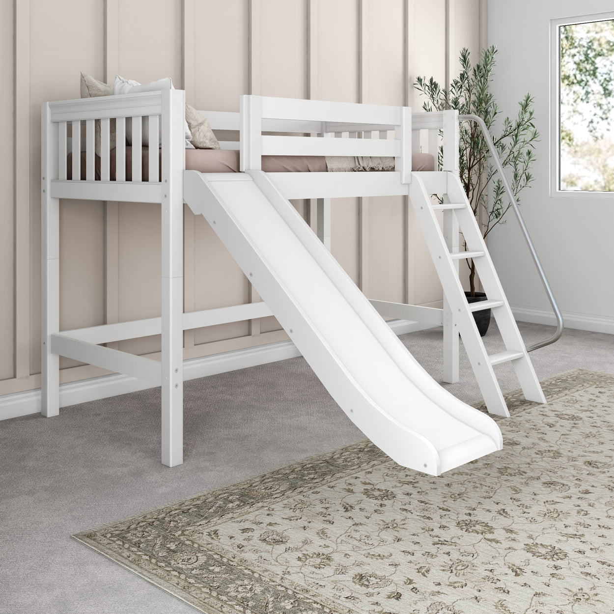 White loft bed with slide and ladder in modern bedroom.