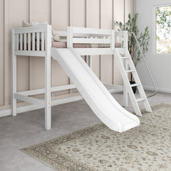 White loft bed with slide and ladder in modern bedroom.