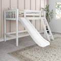 White kids loft bed with slide and ladder in a neutral modern bedroom with beige bedding and a potted plant by the window