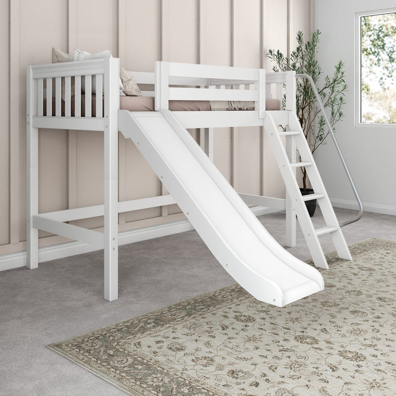 White kids loft bed with slide and ladder in a neutral modern bedroom with beige bedding and a potted plant by the window