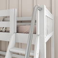 Close-up of a white wooden bunk bed ladder with a silver metal handrail, beige bedding and neutral wall panels in a modern kids' room