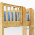 Close-up of wooden bunk bed guardrail with natural maple finish, vertical slats, visible metal fasteners and blue mattress bedding, children's bed safety rail