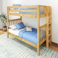 Natural wood bunk bed with built-in ladder, blue quilted bedding and star-print sheets in a space-saving kids' bedroom with a potted plant.