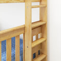 Wooden bunk bed ladder and guardrail in light natural wood finish with blue mattress visible — close-up detail against white wall