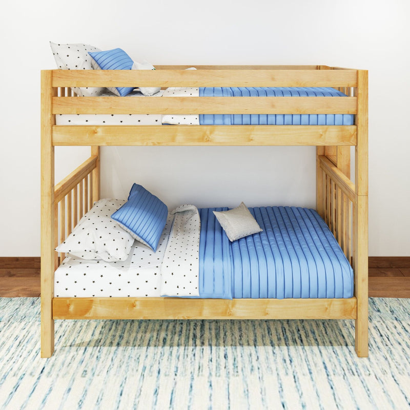 Natural wood twin bunk bed with blue quilted bedding, star-pattern sheets and pillows in a bright kids' room