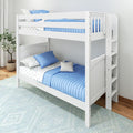White twin-over-twin wooden bunk bed with blue quilted bedding, star-pattern sheets, safety rails and ladder in a bright modern kids' bedroom with potted plant