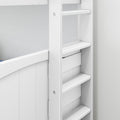 Close-up of white wooden bunk bed ladder with integrated shelves and drawers against a painted panel wall, modern bedroom furniture detail