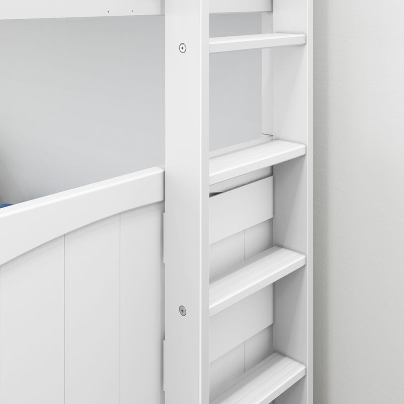 Close-up of white wooden bunk bed ladder with integrated shelves and drawers against a painted panel wall, modern bedroom furniture detail