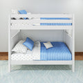 White wooden bunk bed with blue quilted comforters, star-print sheets and pillows in a modern kids' bedroom