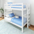 White wooden twin bunk bed with blue quilted bedding, star-print sheets, built-in ladder and potted plant in modern kids' bedroom