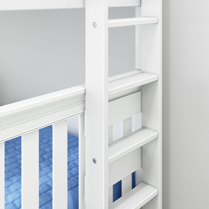 Close-up of white wooden crib railing and ladder with blue mattress in a modern nursery, showcasing baby crib furniture and children's bedroom decor