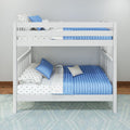 White wooden bunk bed with blue quilted bedding, star-patterned sheets and pillows in a modern kids' bedroom