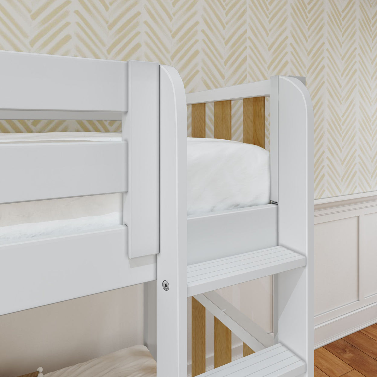 White wooden bunk bed with modern design in a cozy bedroom setting.