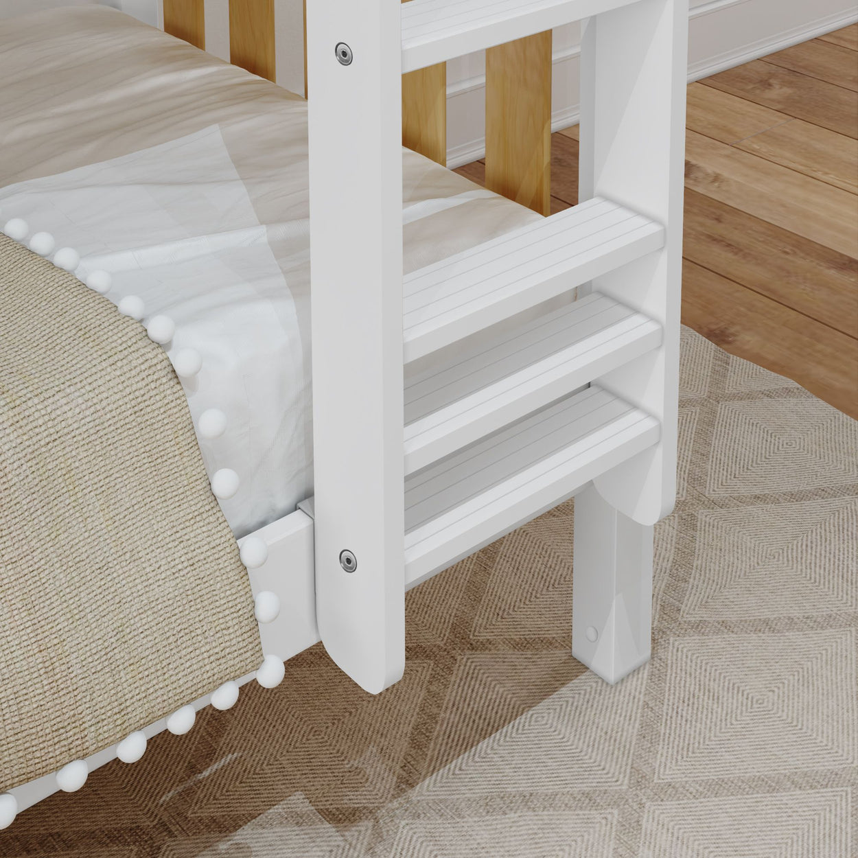 White bunk bed ladder with wood detailing on a geometric-patterned rug and textured beige blanket.