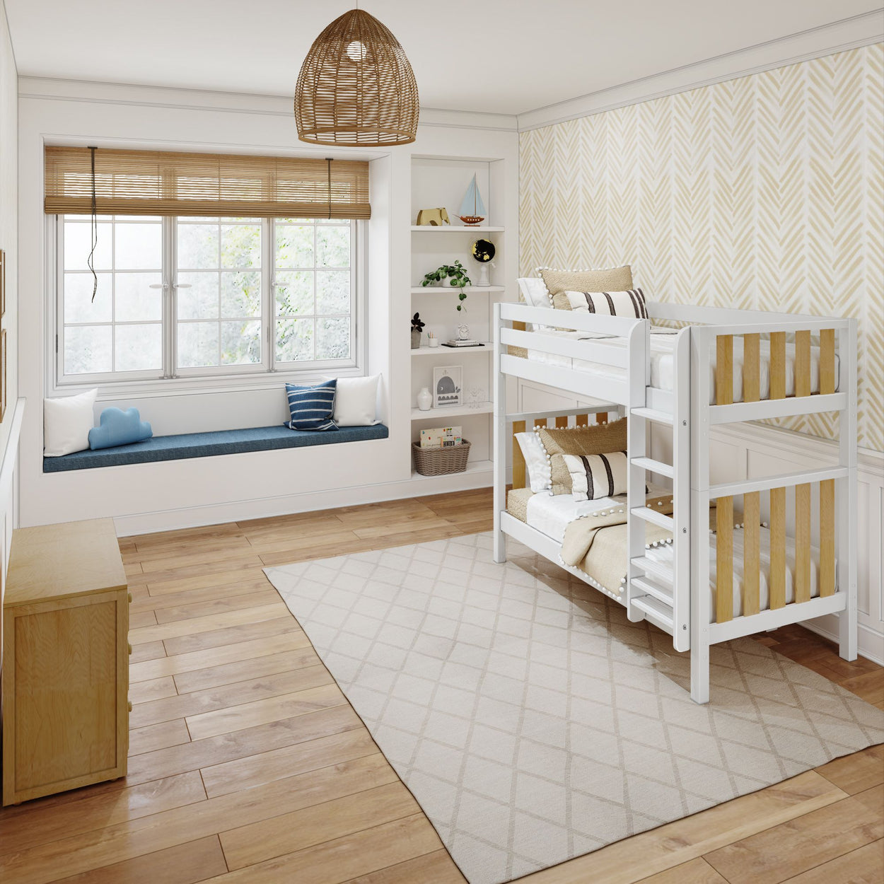 Stylish kids' bedroom with white bunk beds, wooden flooring, a large window seat, and modern decor accents.