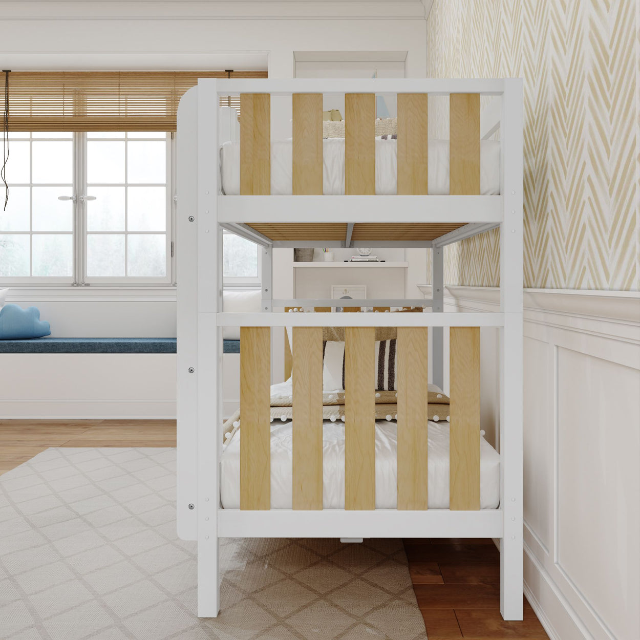 Modern kids' room with stylish wooden bunk bed and cozy window seat.