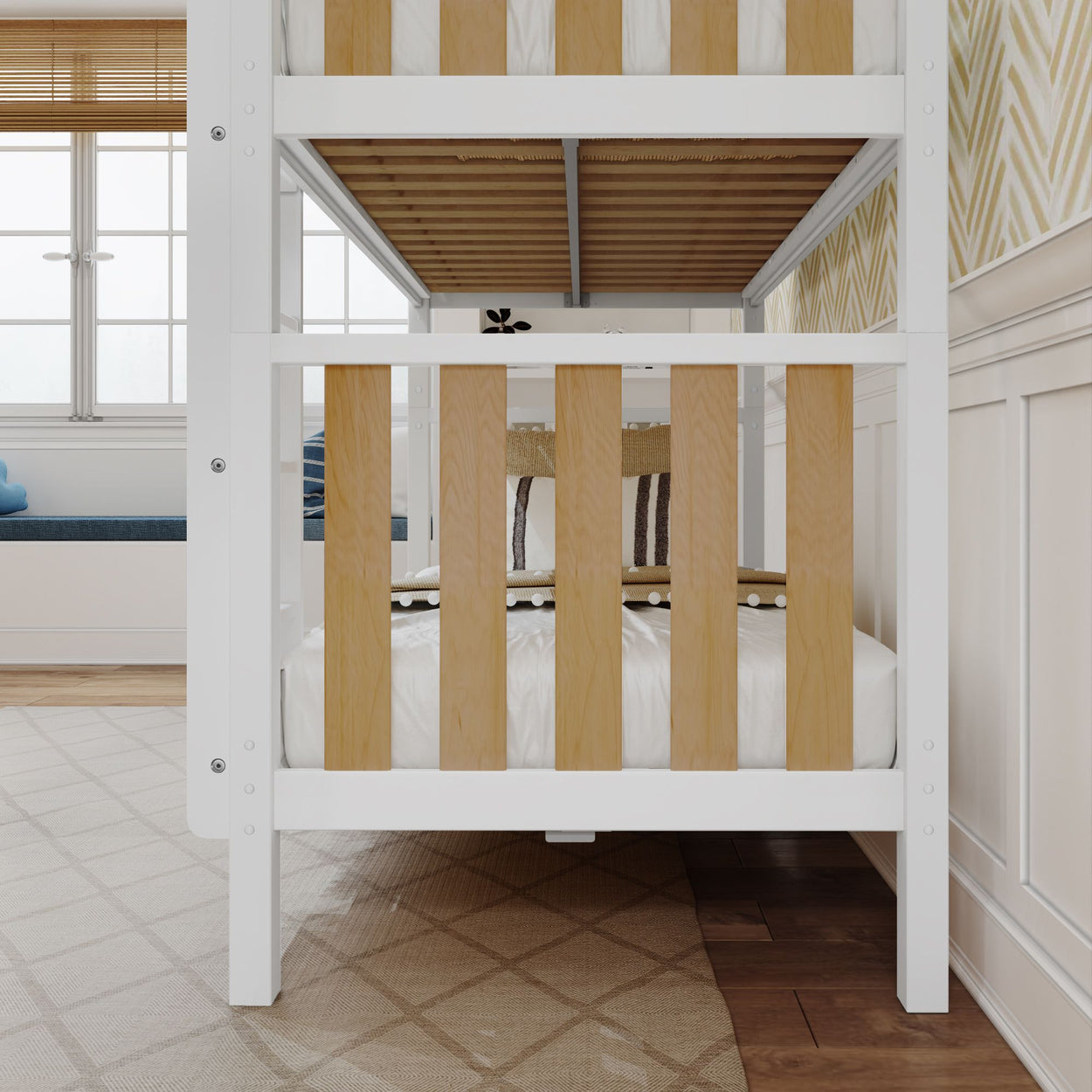 Modern wooden bunk bed in cozy bedroom with patterned rug and natural light from windows.