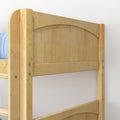 Close-up of natural maple wood bunk bed headboard and ladder frame with slatted panels, visible metal hardware and light blue mattress