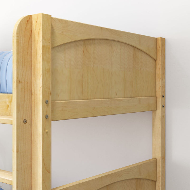 Close-up of natural maple wood bunk bed headboard and ladder frame with slatted panels, visible metal hardware and light blue mattress