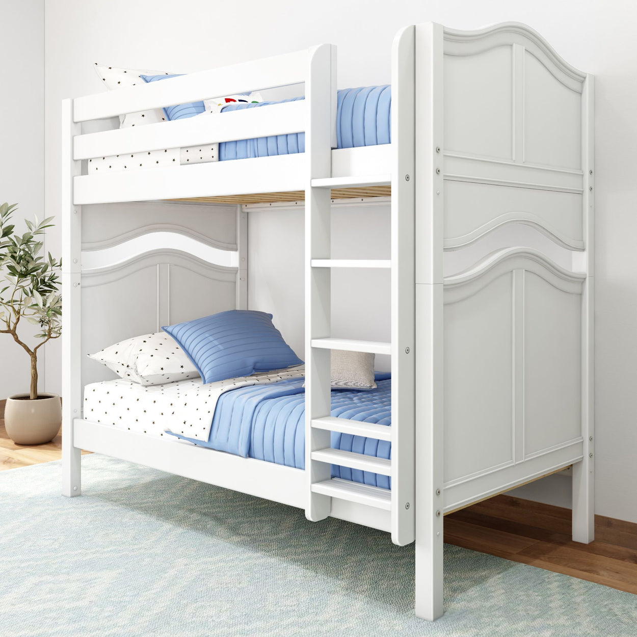 White wooden bunk bed with blue bedding in a modern bedroom setting.