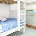 White wooden bunk bed with ladder and light blue quilted bedding in modern children's bedroom with framed abstract wall art