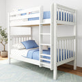 White wooden twin-over-twin bunk bed with ladder, safety rails and blue bedding in a modern kids' bedroom